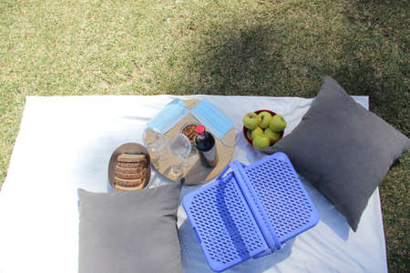 stylish picnic in pandemic. vintage basket with wine, food fruit seeds and protective masks clinical useの写真素材