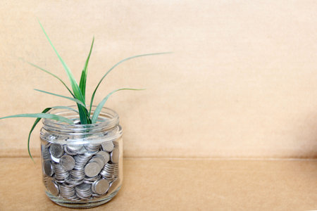 silver coins for savings and investment fund in crystal glass, abundance and fruit of savingsの写真素材