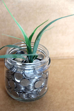 silver coins for savings and investment fund in crystal glass, abundance and fruit of savings