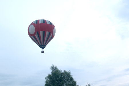 colorful hot air balloons at sunrise soaring over vegetation and urban landscapeの写真素材