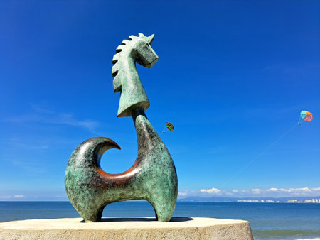 Puerto Vallarta Jalisco, Mexico - Oct 25 2022: The boardwalk of Puerto Vallarta, Jalisco in Mexico is an open-air art gallery in which sculptures and statues of various artistsのeditorial素材