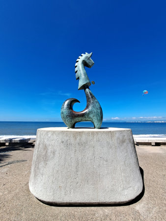 Puerto Vallarta Jalisco, Mexico - Oct 25 2022: The boardwalk of Puerto Vallarta, Jalisco in Mexico is an open-air art gallery in which sculptures and statues of various artistsのeditorial素材