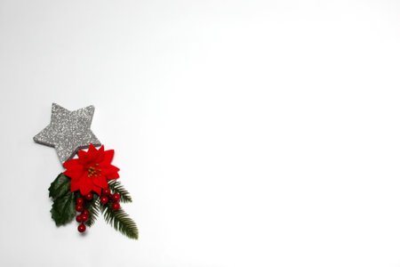 Sparkling stars as decorated frame for Christmas messages with poinsettia flowers and pinwheels