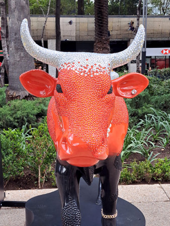 Mexico City, Mexico - August 23, 2023: Cow Parade in Paseo de la Reforma of the CDMX cows intervened by different artists on the streetのeditorial素材