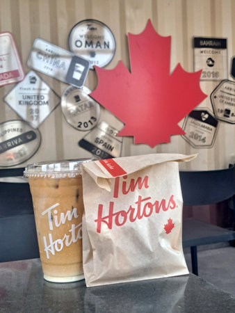 Queretaro, Mexico - Feb 13 2023: The Canadian restaurant chain, Tim Hortons, opened its first branch in Quertaro, seeking to be the largest fast food company in the worldのeditorial素材
