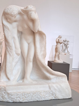 Mexico City, Mexico - July 19, 2023: The Rodin Era Exhibition Hall in the Soumaya Museum with the...