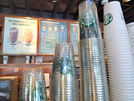 Mexico state, Mexico - May 15 2022: The Starbucks coffee chain that was born in Seattle and belongs to Alsea banned the use of the word frappuccino on the menu with coffee, cocoaのeditorial素材