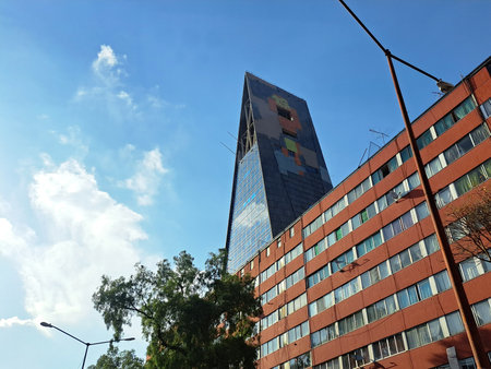 Mexico City, Mexico - Apr 06 2023: The Insignia Tower or Torre Banobras is a skyscraper in the shape...