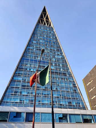 Mexico City, Mexico - Apr 06 2023: The Insignia Tower or Torre Banobras is a skyscraper in the shape...