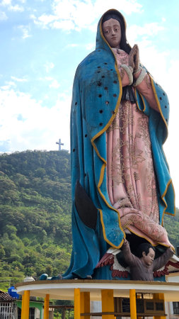 Xicotepec, Puebla, Mexico - Apr 17 2023: Monumental Virgin of Guadalupe of 23 meters high and 120 tons, since 2010 represents an attraction for the Mexican Catholic communityのeditorial素材