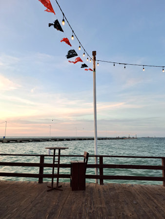 Progreso is a Mexican port city on the Yucatan Peninsula with its iconic arched pier and famous boardwalkの写真素材