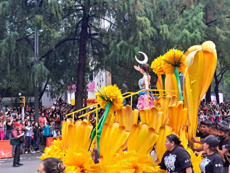 Ciudad de Mexico, Mexico - Oct 29 2022: Day of the Dead Parade to celebrate the richness of Mexican...