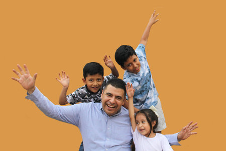 Divorced single dad has fun with his three dark-skinned Latino kids spending quality time and...