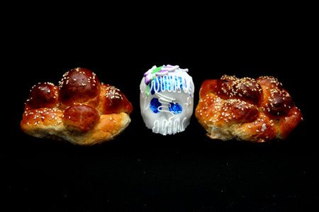 Sugar candy in the shape of a traditional Mexican skull for decoration of the party for the Day of...