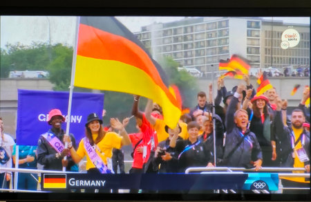 Mexico City, Mexico - Jul 26, 2024: Transmission of the Opening of the Olympic Games with the delegations of each country over the Seine River in Parisのeditorial素材