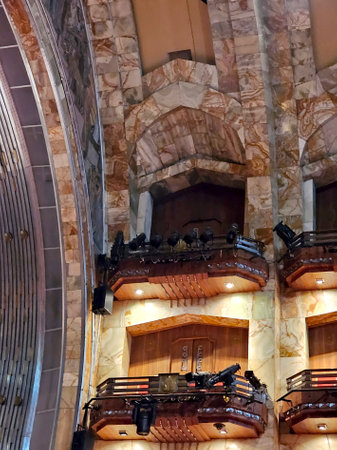 Mexico City, Mexico - Jul 12 2024: Interior of the Main Hall of the Palace of Fine Arts with a curtain made with pieces of decorated glass with the PopocatÃ©petl and IztaccÃ­huatlのeditorial素材