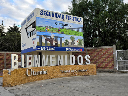 Otumba, State of Mexico, Mexico - Feb 13 2024: Entrance to the Mexican Magical Town of Edomex where the Donkey Fair is held, which are dressed up and racedのeditorial素材