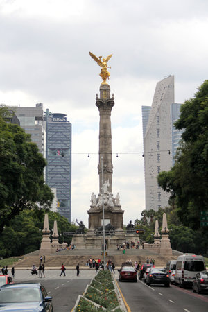 Mexico City, Mexico - Aug 23 2023: The Angel of Independence Monument is an emblematic icon of CDMX. Mausoleum Column with the statue of Winged Victoryのeditorial素材