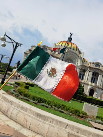 Mexico City, Mexico - Sep 6 2023: Mexican flag in front of the Palacio de Bellas Artes of CDMX to celebrate the national holidays of independence and revolutionのeditorial素材