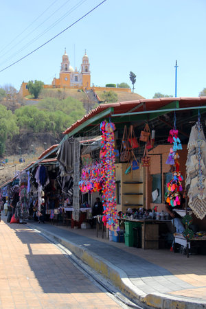 The Great Pyramid Tlachihualtepetl is the largest in the world and at the top is the Church of Our Lady of Remedies in Cholula, Puebla, Mexicoの写真素材