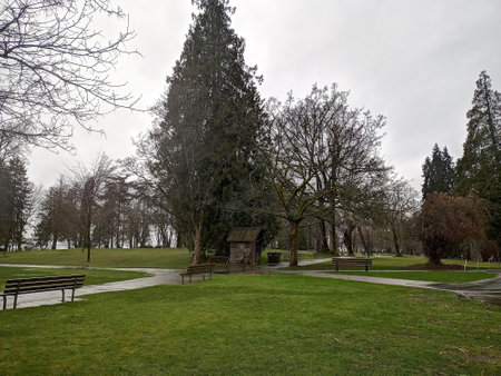 Stanley Park Vancouver's largest urban park with scenic views of water, mountains, sky, and trees along famous Seawallの写真素材