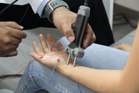 Hands of a specialist doctor performs the neurological study electromyography and somatosensory...