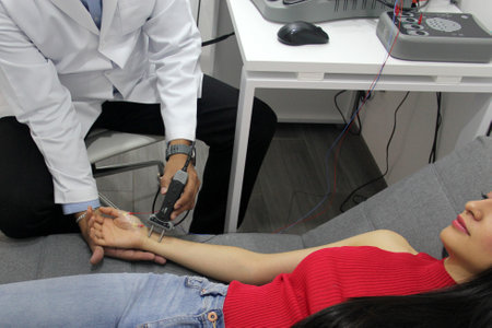 Dark-skinned Latino neurologist specialist doctor does electromyography and somasensory evoked...