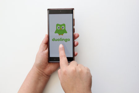 Mexico City, Mexico - Feb 22, 2025: Duolingo is a free web platform and app for learning languages...