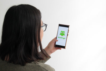 Mexico City, Mexico - Feb 22, 2025: Duolingo is a free web platform and app for learning languages...