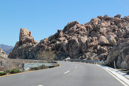 Mountainous landscapes of the Rumorosa, highway from Mexicali to Tecate in Baja California, Mexico, its name is due to the sound the wind makes through the rock formationsの写真素材