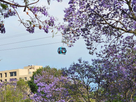 Mexico City, Mexico - March 26, 2025: Cablebus public transportation system by cable car in Mexico...