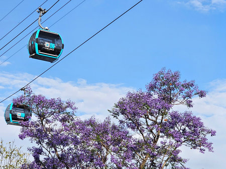 Mexico City, Mexico - March 26, 2025: Cablebus public transportation system by cable car in Mexico...