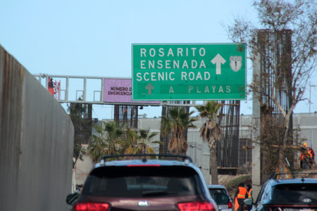 Ensenada, Baja California, Mexico - Mar 14 2025: Road signs on the Panoramic Highway from Tijuana to...