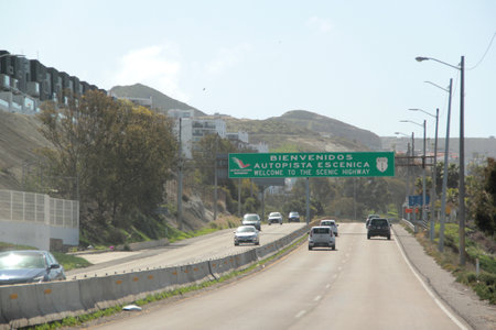 Ensenada, Baja California, Mexico - Mar 14 2025: Road signs on the Panoramic Highway from Tijuana to...