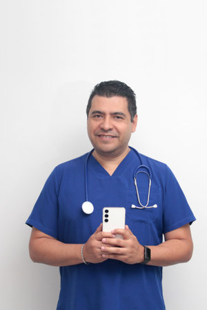 Dark-skinned Latino male doctor with a stethoscope shows his cell phone to have online consultations with his patientsの写真素材