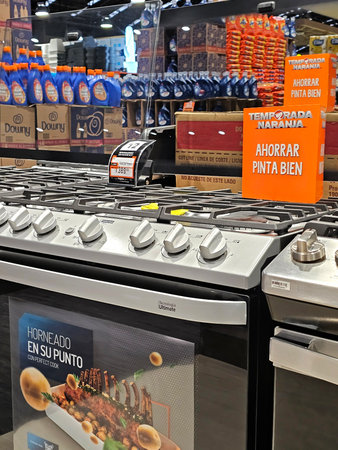 Mexico City, Mexico - Jul 3, 2025: The Orange Season 3x2 promotion and discount campaign by the supermarket chain La Comer in Mexico, similar Julio Regalado campaignのeditorial素材