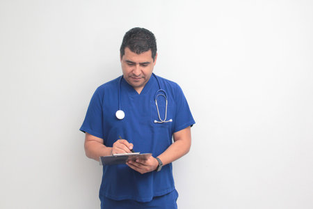 Dark-skinned Latino male specialist doctor reviews and writes patient reports on clipboard for...
