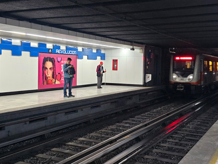Mexico City, Mexico - Aug 4, 2025: Platforms and tracks of the Revolucion Station of the Mexico City...