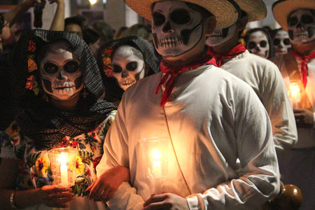 Merida, Yucatan, Mexico - Oct 28, 2024: The Day of the Dead Procession in Merida, Yucatan or Paseo de las Animas that celebrates the Hanal Pixan, a parade where they dress upのeditorial素材