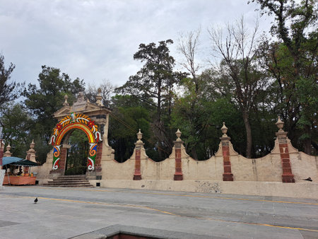 Tepotzotlan, State of Mexico, Mexico - Aug 23, 2023: Colonial Pueblo Magico in the State of Mexico with the National Museum of the Viceroyalty, a park, and restaurantsのeditorial素材