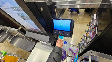 Mexico City, Mexico - Nov 4, 2025: Self checkout systems at La Comer in Mexico allow customers to...