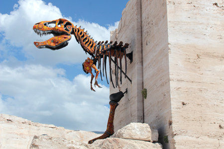Cuatro Cienegas, Coahuila, Mexico - Jul 28 2025: Dinosaur skeletons in the Marble Mines of Cuatro Cienegas, Coahuila, Mexico among mountainous desert landscapeのeditorial素材