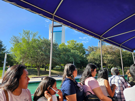 Monterrey, Nuevo Leon, Mexico - Jul 29, 2025: Sightseeing tour of Paseo Santa Lucia in Monterrey by boat from the city downtown to Fundidora Parkのeditorial素材