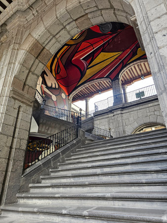 Mexico City, Mexico - Aug 4, 2025: Museo Vivo del Muralismo in the building of the Secretaria de Educacion Publica SEP, in CDMX, dedicated to the works of David Alfaro Siqueirosのeditorial素材