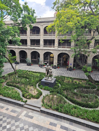 Mexico City, Mexico - Aug 4, 2025: Museo Vivo del Muralismo in the building of the Secretaria de Educacion Publica SEP, in CDMX, dedicated to the works of David Alfaro Siqueirosのeditorial素材