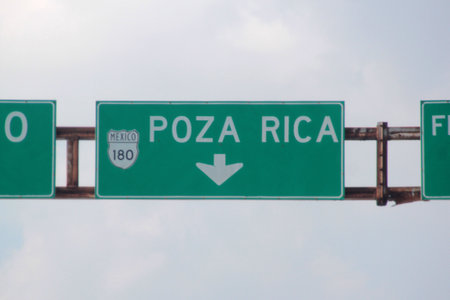 Poza Rica, Veracruz, Mexico - Oct 28, 2025: Road signs in the direction of Poza Rica, Veracruz, Mexicoのeditorial素材