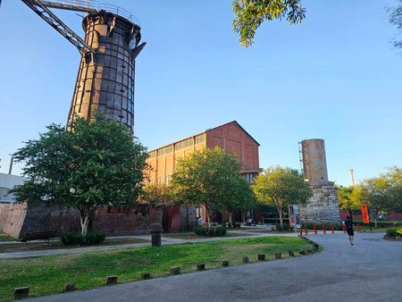 Monterrey, Nuevo Leon, Mexico - Jul 29, 2025: Machinery parts at Monterrey's Fundidora Park for the smelting of steel and iron in a green and cultural spaceのeditorial素材
