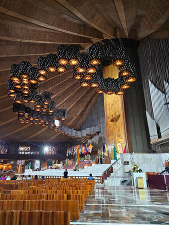 Mexico City, Mexico - Nov 25, 2024: Interior of the Basilica of Guadalupe in Mexico City with the image of the Virgin, the altar and monumental organのeditorial素材