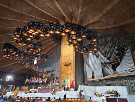 Mexico City, Mexico - Nov 25, 2024: Interior of the Basilica of Guadalupe in Mexico City with the image of the Virgin, the altar and monumental organのeditorial素材