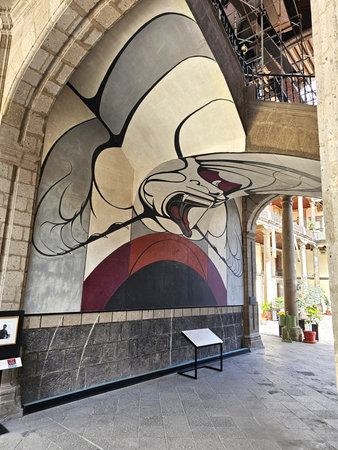 Mexico City, Mexico - Aug 4, 2025: Museo Vivo del Muralismo in the building of the Secretaria de Educacion Publica SEP, in CDMX, dedicated to the works of David Alfaro Siqueirosのeditorial素材